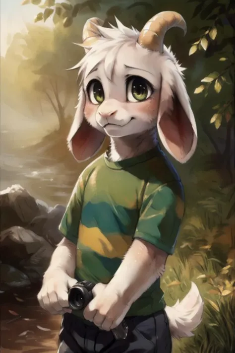 solo, 1boy, goat ears, masterpiece, high detail, <lora:asriel:0.9>, kid, green t-shirt, pants, (realistic, photography \(artwork\) :1.3), hires, by fumiko, by matsuura, by kenket, by dagasi, by niichan, [by badwingm], (by silverfox5213:0.9), fluffy