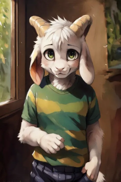 solo, 1boy, goat ears, masterpiece, high detail, <lora:asriel:0.9>, kid, green t-shirt, pants, (realistic, photography \(artwork\) :1.3), hires, by fumiko, by matsuura, by kenket, by dagasi, by niichan, [by badwingm], (by silverfox5213:0.9), fluffy