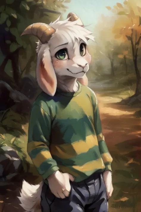 solo, 1boy, goat ears, masterpiece, high detail, <lora:asriel:0.9>, kid, green t-shirt, pants, (realistic, photography \(artwork\) :1.3), hires, by fumiko, by matsuura, by kenket, by dagasi, by niichan, [by badwingm], (by silverfox5213:0.9), fluffy