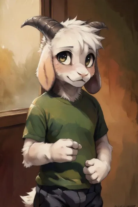 solo, 1boy, goat ears, masterpiece, high detail, <lora:asriel:0.9>, kid, green t-shirt, pants, (realistic, photography \(artwork\) :1.3), hires, by fumiko, by matsuura, by kenket, by dagasi, by niichan, [by badwingm], (by silverfox5213:0.9), fluffy