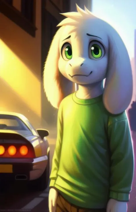 1boy,(( <lora:asriel-30:0.3>, <lora:asriel-20:0.2>, <lora:storyshiftAsriel_10:0.2>)), (fluffy), green t-shirt in yellow stripes, pants, solo, kid, child, (green t-shirt, brown pants), (best quality, ultra-detailed, best illustration, masterpiece, high res, professional artwork, famous artwork), realistic paint, (insane detailed eyes, green shine eyes), white fur, detailed realistic painting, male, (detailed white fur), asriel, portrait, detailed hands, shaded, four fingers, insane details, looking forward, cartoon, cute, ((full height)), city, street, driving a car, closeup portrait of a strikingly beautiful medieval princess in a medieval street, (((backlighting))), realistic, masterpiece, highest quality, puddle, lens flare, shade, ((bloom)), (chromatic aberration), digital painting, shallow depth of field, Giorgio Cavallon