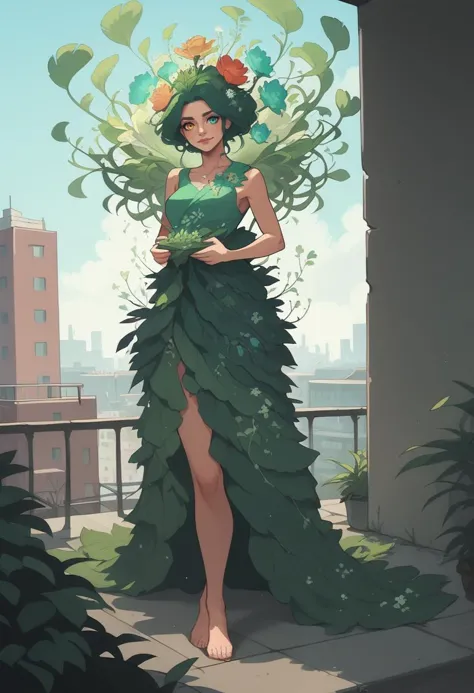 a woman in a green dress standing on a balcony with a flower in her hair