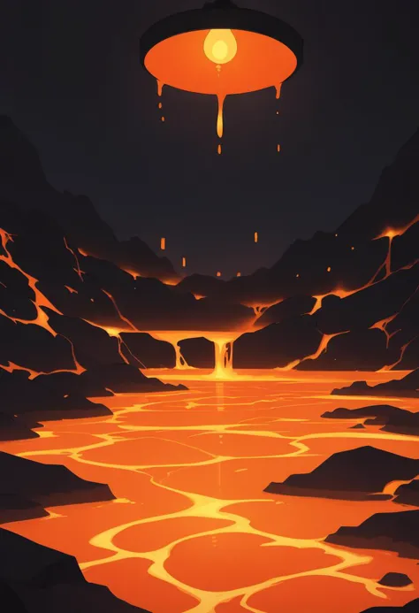 a cartoon style illustration of a spaceship flying over a lava lake