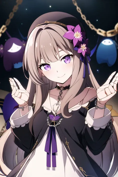 1girl, looking at viewer, smile, >t
hands up, 
pikkyherta, 1girl, long hair, purple (glowing:1.2) eyes, solo, hat, dress, bangs, looking at viewer, flower, (doll joints:1.1), brown hair, hair ornament, black headwear, hair flower, chains, frills,
<lora:hertaStarRailV1:1>
<lora:spy_x_family_style_offset:1>   <lora:animeStyleLoraWith_bfcsimplifierTest:-0.2> <lora:add_detail:0.6>