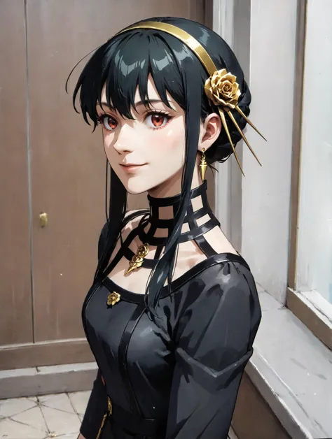 anime girl with black hair and gold jewelry standing in front of a window