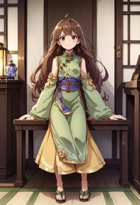 girl, solo, long hair, brown hair, brown eyes, single sidelock, chinese clothes, green dress, long sleeves, wide sleeves, detached sleeves, yellow skirt, looking at viewer, confused, indoors, chinese palace, sandals,<lora:MeMaXL_V3 (flat anime style v3):1><lora:Lymsleia_Falenas_Suikoden_V_XLv2:0.8>, score_9, score_8_up, score_7_up, score_6_up, score_5_up, score_4_up, BREAK source_anime, masterpiece