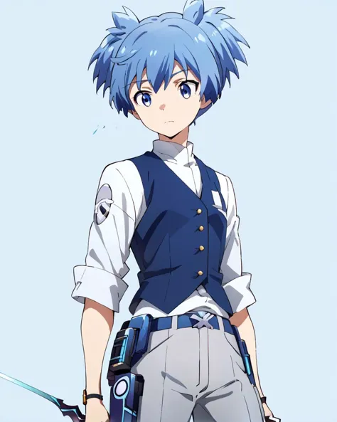 Punktzahl_9, Punktzahl_8_hoch, Punktzahl_7_hoch, Quelle_Anime-Serie, Nagisa Shiota, Blaue Haare, Dunkelblaue Augen,kurze Zwillingsschwänze,  Einfacher Hintergrund,white shier, blaue Weste, graue Hose