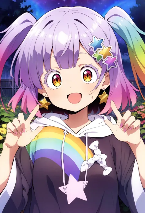 masterpiece,best quality,very aesthetic,absurdres,highres,<lora:MeMaPA:1>,close-up,front view,upper body,garden with rainbow-colored flowers,at night,pastel academia,a baby face girl,smiling,looking ahead,two side up,blunt cut,colored eyelashes,multicolored_eyes,purple rainbow hair,purple and yellow odd eyes,wide-wide-eyed,hoodie,coin_hair_ornament,wide_sleeves,hair_ornament,many many colorful star shapes hair clips of various sizes in hair. jewelry earrings,kawaii,rainbow gradient,peace_sign,