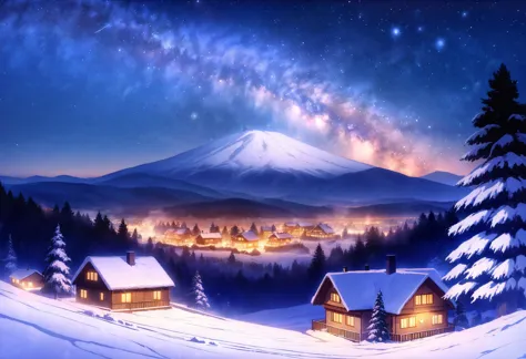 masterpiece,best quality,very aesthetic,absurdres,<lora:MeMaPA:1>,snow,scenery,outdoors,house,sky,mountain,star \(sky\),no human...