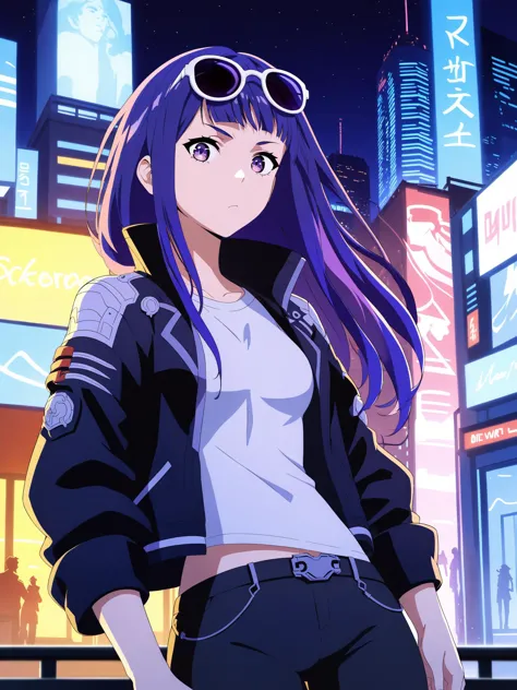 score_9,score_8_up,score_7_up,score_6_up,source_anime,<lora:MeMaHadrian>,cyberpunk,city, front view,(night), detal background,purple eyes,medium breasts,serious,expressionless,very long hair,raiden genshin impact,jacket,pants,neon,t-shirt,sunglasses, glow,implants