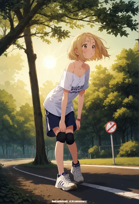 anime girl skateboarding on a road with trees and a no parking sign