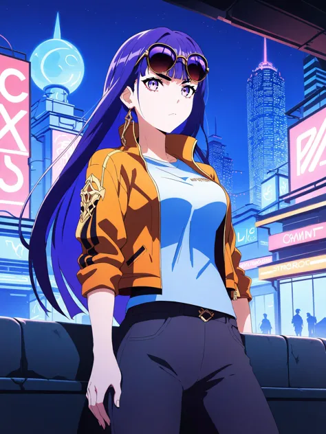 a woman with long purple hair standing in front of a city