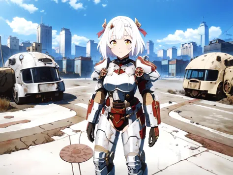 score_9,score_8_up,score_7_up,score_6_up,source_anime,<lora:MeMaHadrian>,front view,looking at viewer,post apocalypse, city,1girl,solo,yellow eyes,medium breasts,short hair,white hair,shiny skin, noelle genshin impact,fallout,power armor, red white armor,military,gloves, <lora:T60_Power_Armor_Fallout_Pony_XL:1>, tank