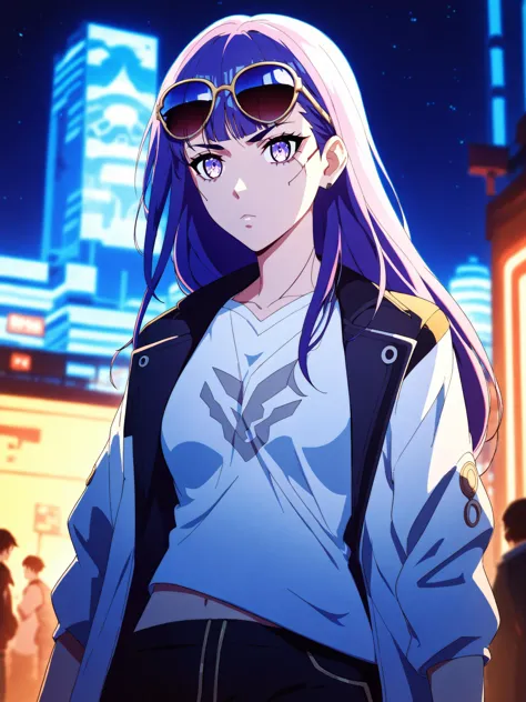 a woman with purple hair and sunglasses standing in front of a city