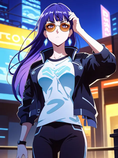 score_9,score_8_up,score_7_up,score_6_up,source_anime,<lora:MeMaHadrian>,cyberpunk,city, front view,(night), detal background,medium breasts,serious,expressionless,very long hair,raiden genshin impact,jacket,pants,neon,t-shirt,sunglasses, glow,implants