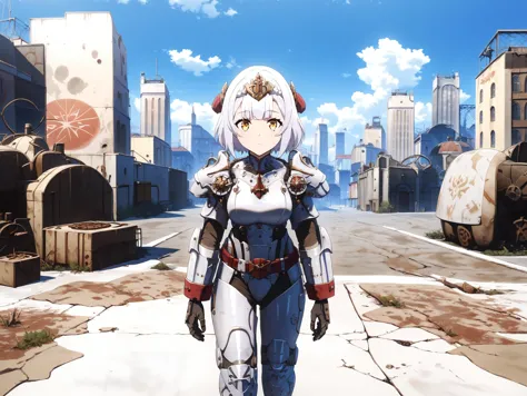 anime character standing in a deserted city with a city in the background