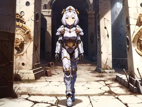 anime character in armor standing in a courtyard with a clock