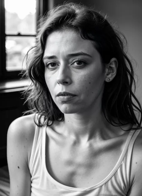 RAW portrait photo of beautiful young sks woman, tanktop, natural lighting, by Imogen Cunningham, detailed face, UHD, absurdres,...