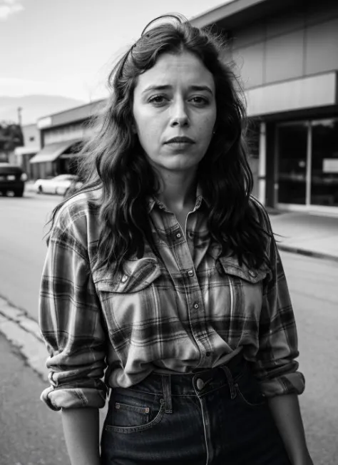 RAW portrait photo of beautiful young sks woman, Plaid shirt and denim skirt, natural lighting, by Edward Weston, detailed face,...