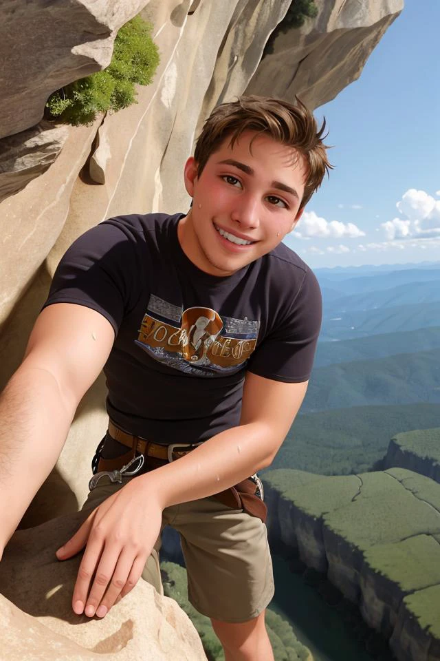 牛仔射擊,坚定的笑容,苗条 22 岁 男子 dg_肖恩·皮弗罗姆,鬍渣,攀岩,攀爬高出地面的悬崖边,特寫,流汗的,