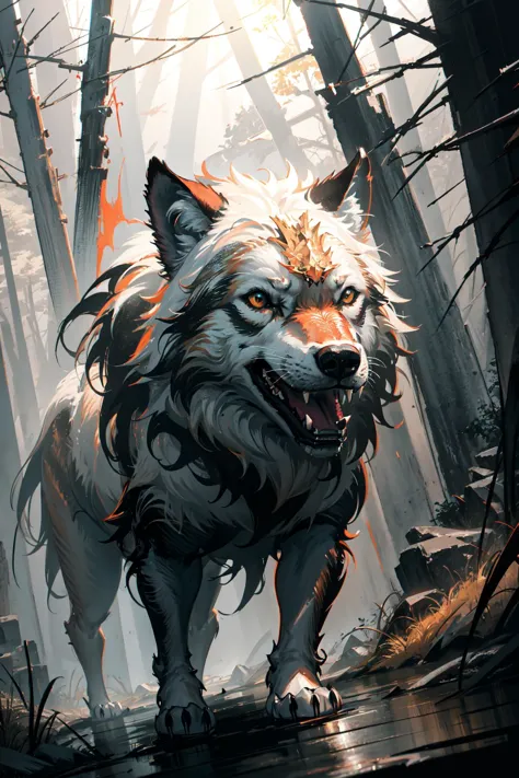 (best art, :1.1),
good detailed, (glowing background),
best quality, wide-angle Hyperdetailed, masterpiece, 8k, natural lighting, soft lighting, sunlight, HDR (High Dynamic Range), Maximum Clarity And Sharpness, Multi-Layered Textures,
 <lora:RPGDireWolf:0.8> dire wolf