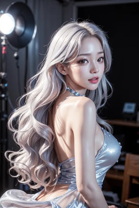 <lora:koreandolllikeness_V10:0.2>,best quality, blue long hair, ultra high res, (photorealistic:1.4), 1girl,silver dress,white teeth, slightly open mouth, warm tone cinema light, (slightly turned around body:1.4) PureErosFace_V1, white tit, cowgirl,heavy eye makeup, erotic pose