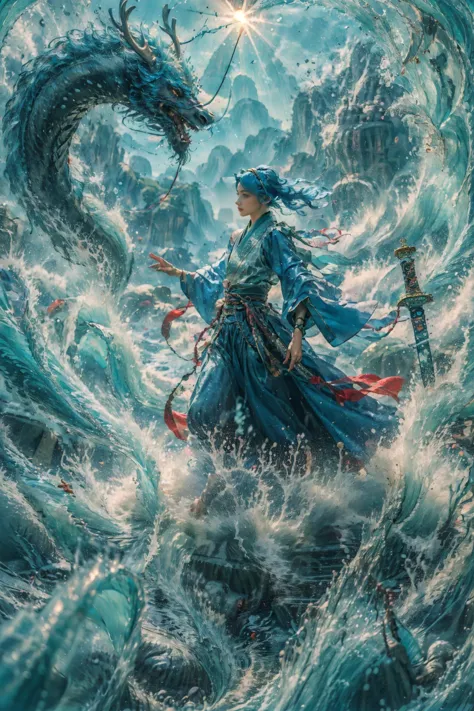 Best quality,masterpiece,ultra highres,shallow depth of field,close-up,1girl,wide sleeves,wide skirt,(sword:1.1),long hair,blue hair,(red hairband:1.1),
<lora:yushuiV2:0.7>,yushui,water,waves,<lora:loong2:0.8>,loong,<lora:FenW:0.3>,<lora:more_details:0.3>,nvshen,glass,broken glass,sunlight,glass,broken glass,sunlight,<lora:jiguangV1_glass:0.2>,