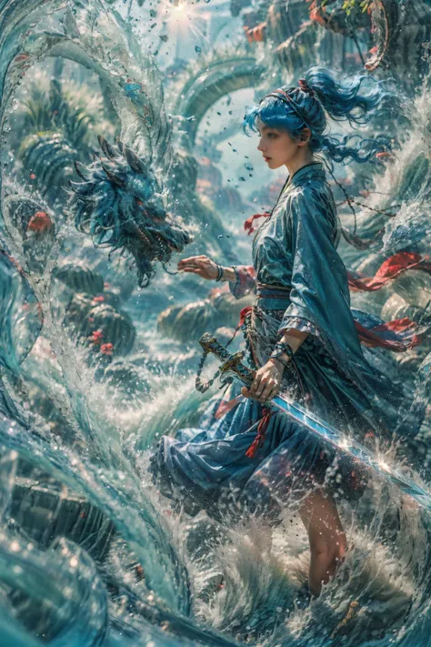 a woman in a blue dress holding a sword in the water