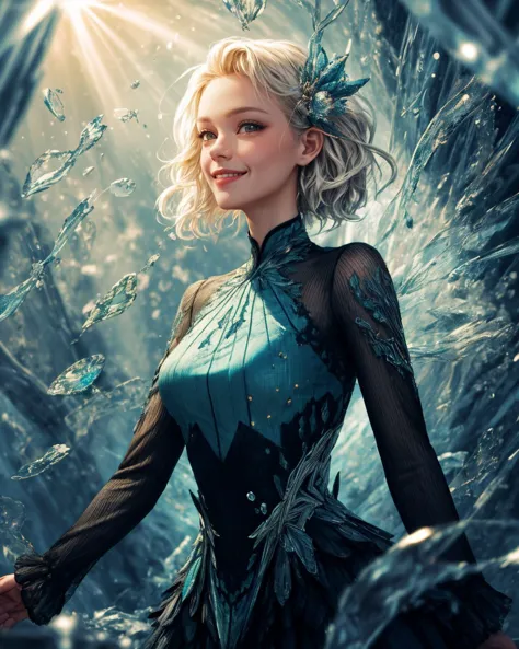 a woman in a blue dress standing in a frozen forest