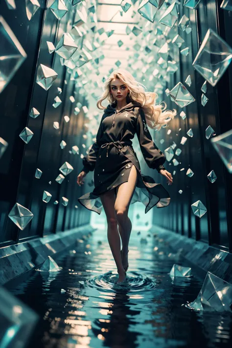 a woman in a black dress is walking through a tunnel of glass