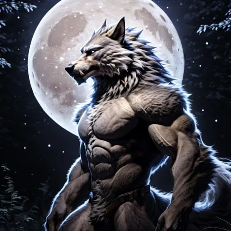 a close up of a werewolf standing in front of a full moon