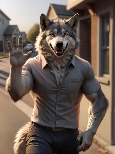 solo, close-up, wolf, glistening yellow eyes, finger claws, waving at viewer, shirt, pants, happy, street, woods, houses
