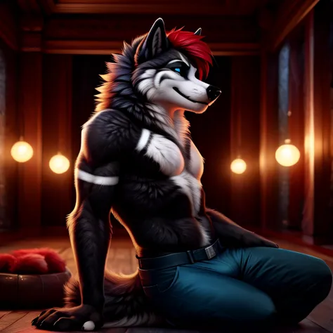 full body, male, wolf, black fur, white markings, red hair, seductive smile, sexy pose, blue eyes, detailed eyes, detailed backg...