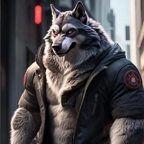 a close up of a person in a jacket with a wolf on his head