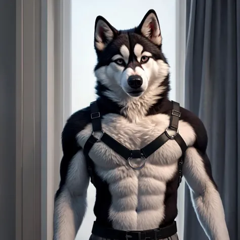 male canine, siberian husky, chest harness