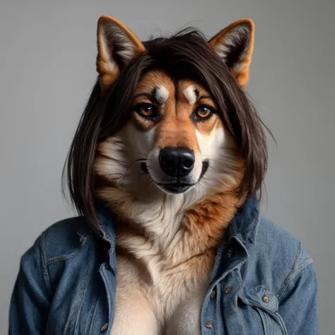 arafed dog with a wig and a denim shirt