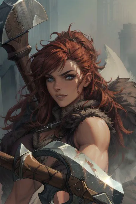 wearing animal pelt, busty, female, high quality skin, ultimate quality, cinematic lighting, close up, portrait, brown eyes, evil grin, heavily muscled, wild crazy messy red hair, animal pelts, skimpy, fur lined, ultimate quality face, ultimate quality eyes, masterpiece quality, slim athletic build, arms crossed, muscled arms, sleeveless, perfect eyes. holding weapon, holding axe, big axe, axe weapon, close up,