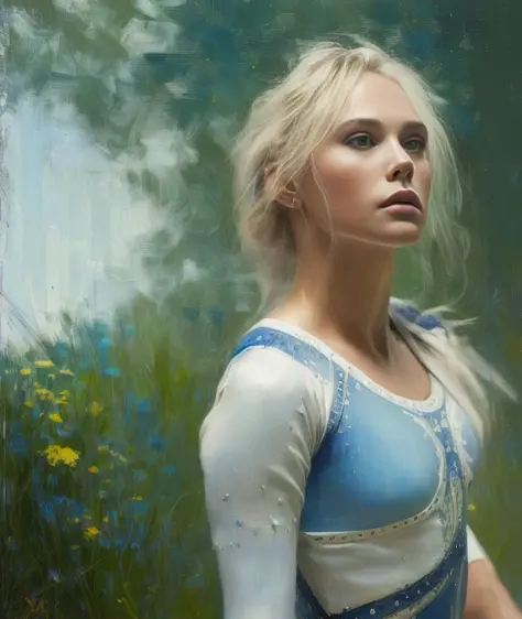 painting of (very blondie:1.1) girl blue and white outfit doing gymnastics, depth of field. 4K, HDR. by (James C. Christensen:1....