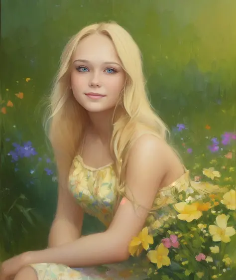 painting of (very blondie:1.3) girl,  (smile:1.1), (precise:1.11),  wearing (floral sundress). depth of field. 4k, hdr. by (jame...