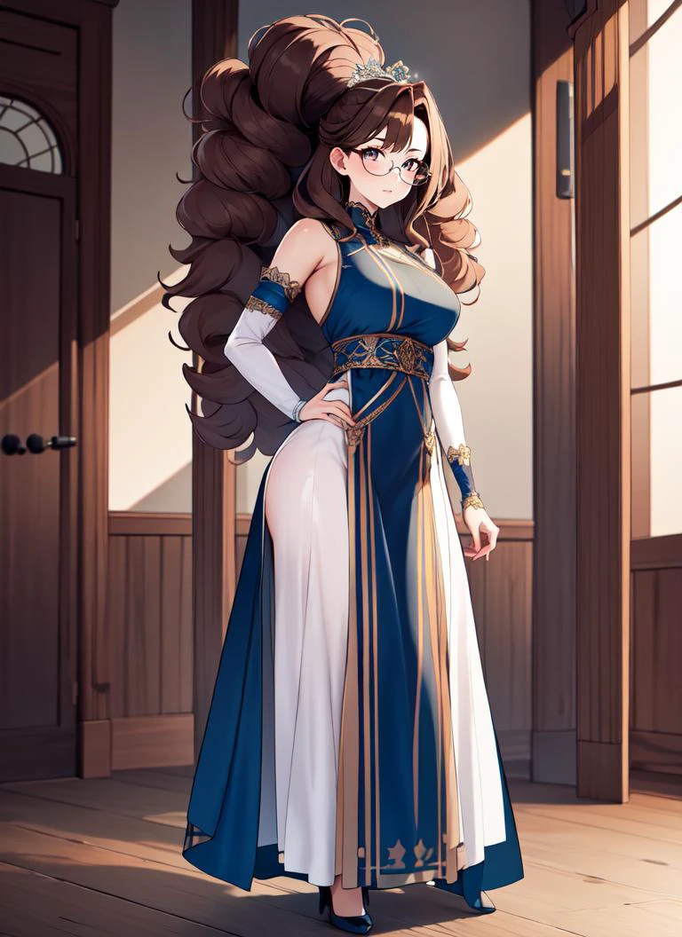 ((best quality)), ((highly detailed)), masterpiece, , (1girl), (glasses), dynamic pose, full body, ((arm warmers)), princess, ((very long hair)), big hair, curly hair, light brown hair, large dress, (maxidress), tiara, (inside, at a bar), 