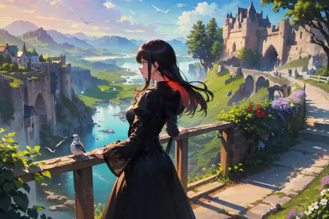 ((masterpiece,best quality,official art,unity 8k wallpaper, highres, (1girl:1.4),looking away,(breathtaking landscapes:1.2), natural wonders, serene vistas, outdoor exploration, (diverse ecosystems:1.2), scenic beauty, tree,castle,village,flowers,bridge,fence, (birds:1.2)