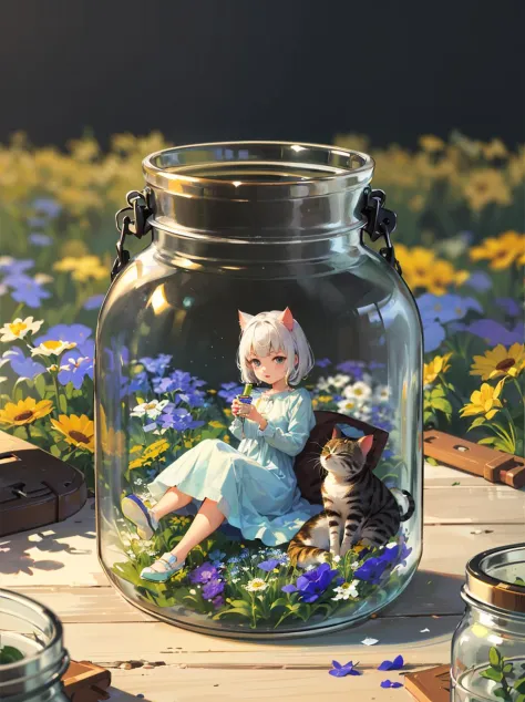 (empty glass container in jar shape with flower meadow inside:1.3) ,[(( 1girl:1.4) with white hair in blue dress is  sitting on ...