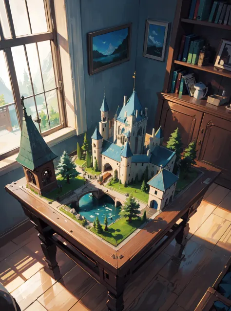 Indoor, On the table,[(mini world:1.3) with castle, montain,river,bridge],imid shot, Dynamic angle, detailed, masterpiece,  isom...