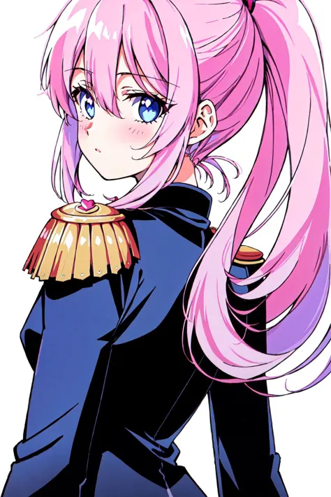 RetroAnime Style, 1girl, solo, long hair, looking at viewer, bangs, blue eyes, simple background, long sleeves, white background, hair between eyes, jacket, upper body, ponytail, pink hair, heart, looking back, from behind, black jacket, epaulettes, masterpiece, best quality , official art , <lora:RetroAnime:0.8>