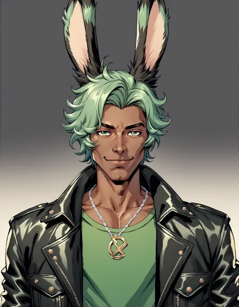 a man with green hair and a green shirt wearing a bunny ear