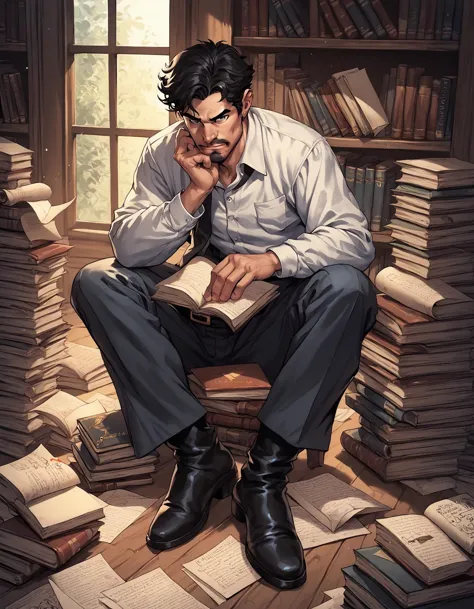 score_9, score_8_up, score_7_up, score_6_up, score_5_up, score_4_up,  1boy, black hair, book, book stack, boots, facial hair, hand on own chin, male focus, mustache, open book, paper, scroll, sitting, solo, indoors, office, bookshelves,