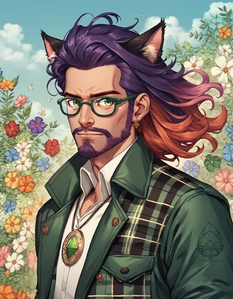 a man with a cat ear and glasses standing in front of flowers