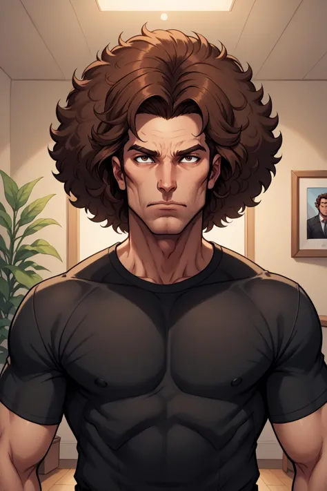 a man with a big shirt and a big hair standing in a room