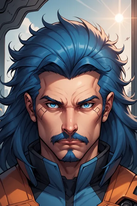 a close up of a man with blue hair and a mustache