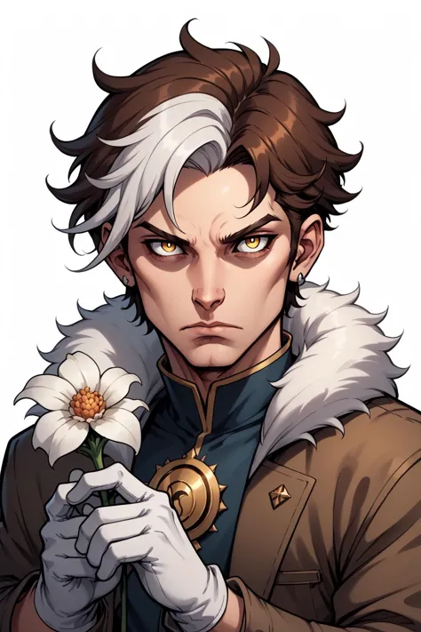 masterpiece, best quality, highres, 1boy, male focus, multicolored hair, yellow eyes, flower, solo, gloves, white gloves, two-tone hair, white hair, earrings, short hair, holding flower, fur trim, jewelry, third eye, holding, black hair, portrait, fur-trimmed coat, simple background, streaked hair, closed mouth, coat, looking at viewer, hand up, white background, upper body, brown hair, white flower, grey background, bangs, long sleeves, grey hair, expressionless, parted bangs, single earring, shaded face, PonyXLV6_Scores PnyCmicXLPOS